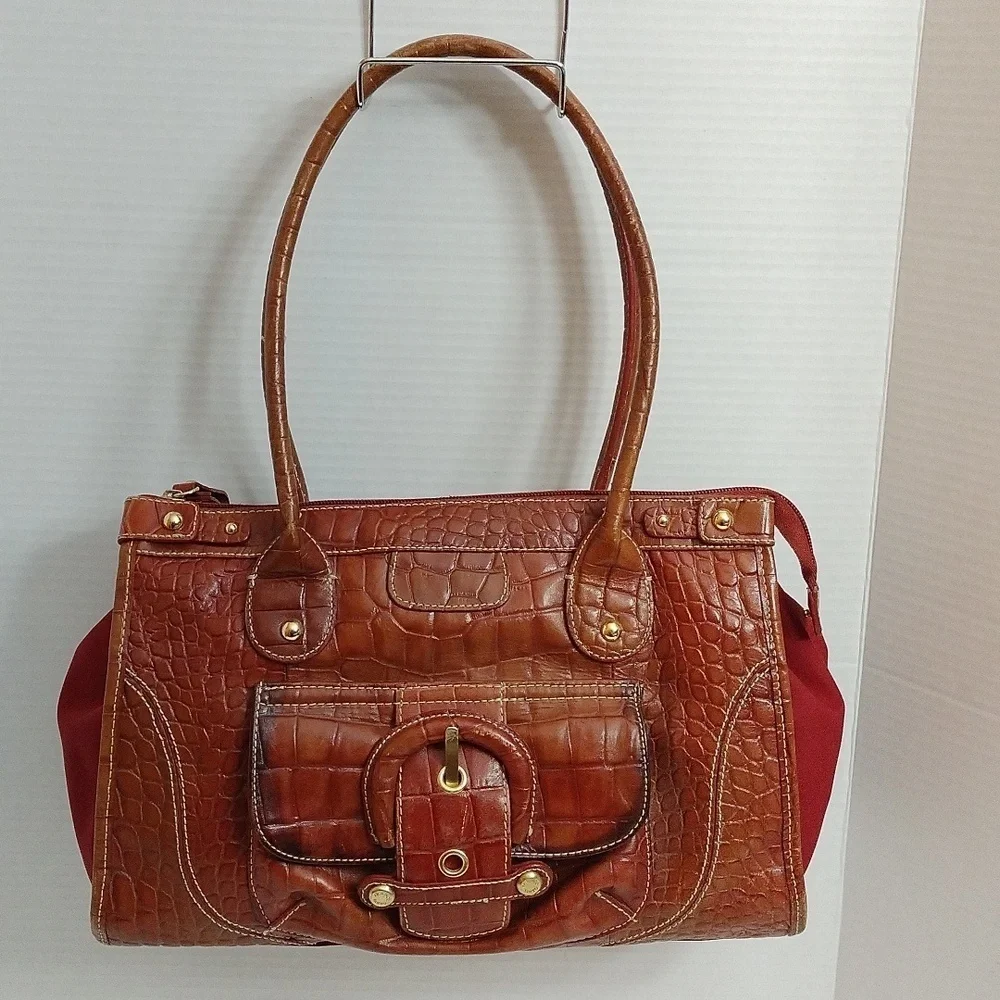 Franco Sarto Brown Croc Embossed Leather Satchel Red Interior Gold Hardware Y2K